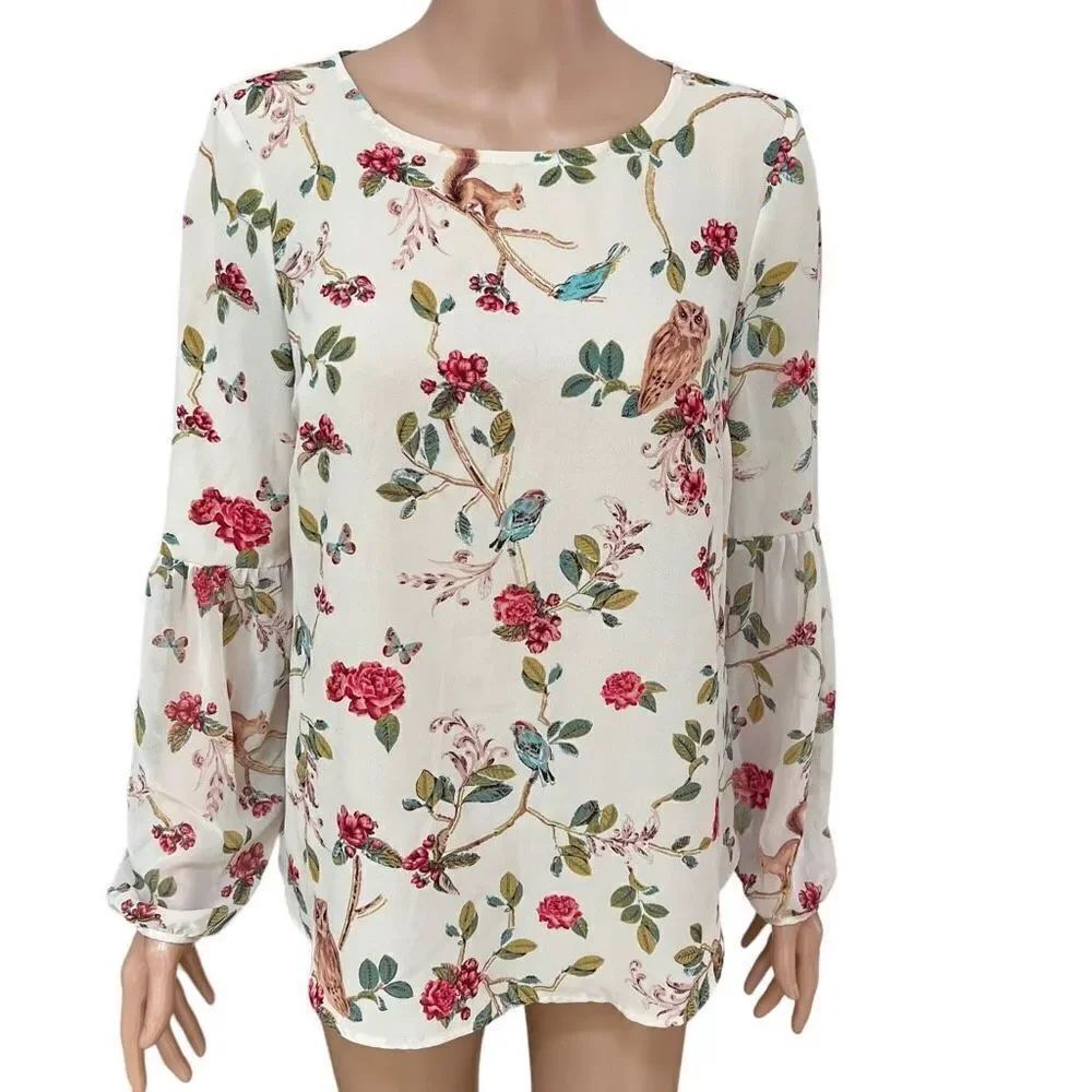 Disney Lauren Conrad Womens Large Blouse Shirt Snow White Woodland Creatures S